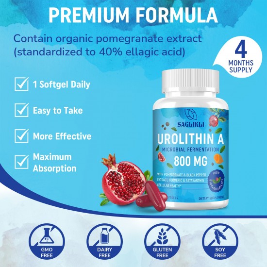 Saglikli Urolithin A Supplement with Organic Pomegranate Extract & Turmeric, 800mg 120 Softgels