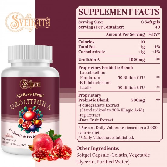 Sveikata Urolithin A Supplement with Probiotic & Pomegranate Extract, 1500mg 120 Softgels